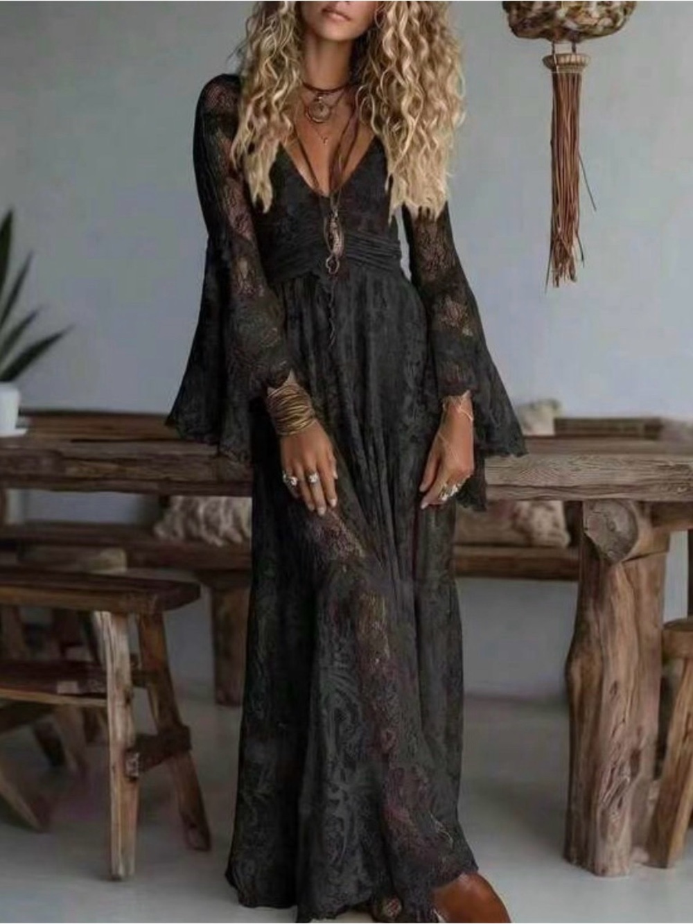 BOHO Costume Women's Black Lace Long Sleeve Maxi Dress - perfect for Halloween 👻 - Picture 4 of 8